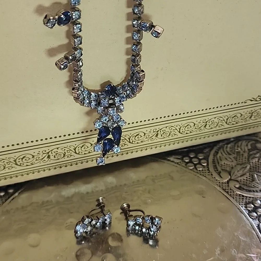 Vintage Ice & Cobalt Blue Rhinestone Necklace & Earrings on Silver Tone Setting
